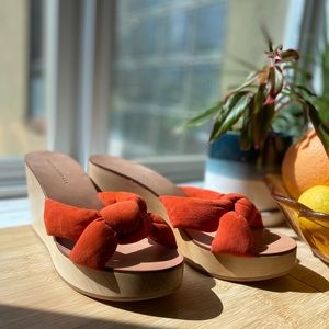 Loeffler Randall Orange Suede Knot Wedge Sandals